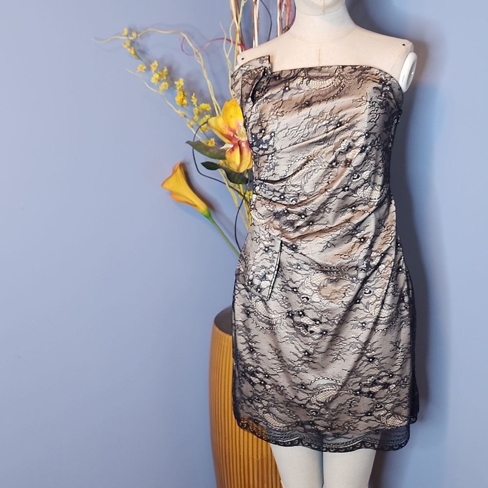 ABS by Allen Schwartz Black Strapless Lace Cover Nude Side Draping Size 6 NWT